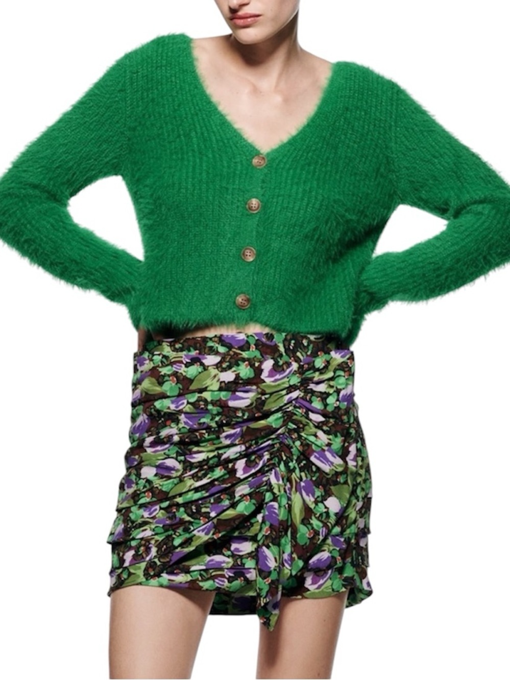 Zara Floral Ruched Drape Mini Skirt Green Purple Size S